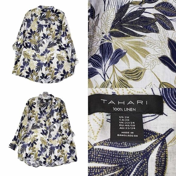 Tahari Shirt Linen Tropical Button Up Women’s Plus Size 2X Long Sleeve Resort - Picture 1 of 11